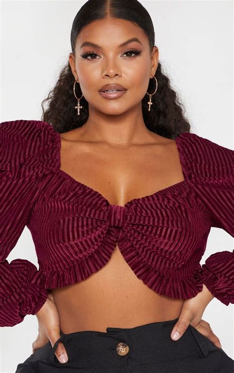 Plus Burgundy Velvet Bow Detail Crop Top Prettylittlething Crop Tops Black Velvet Bow Plus