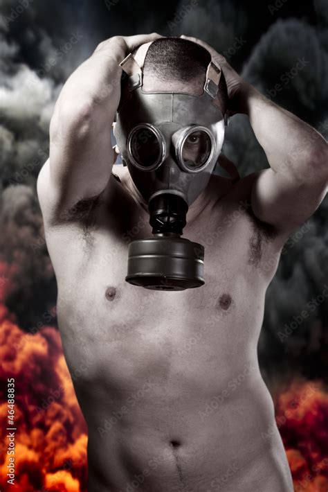 Nude Man With Gas Mask Over Explosion Background Stock Photo Adobe Stock