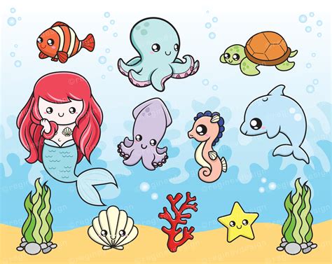 Cute Baby Sea Creatures Clipart Mermaid Octopus Dolphin | Etsy