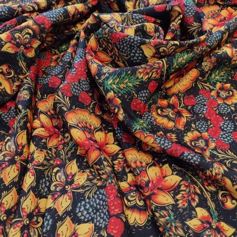 Ткань Хохлома с ежевикой на черном фоне Атлас, Креп-сатин, Сатен ...