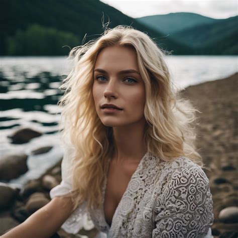 Blonde Woman In Pretty Dress By A Lake Stable Diffusion Online