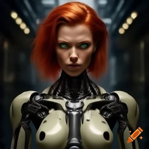 Full Body View Of An Angry Cross Eyed Female Cyborg Robot With Red Hair