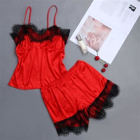 Ensemble de Lingerie pyjamas en dentelle à col V et pour femmes Rouge