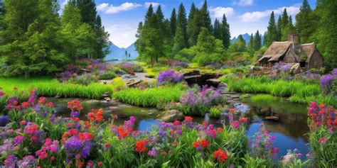 premium ai image  beautiful spring landscape   river  flowers