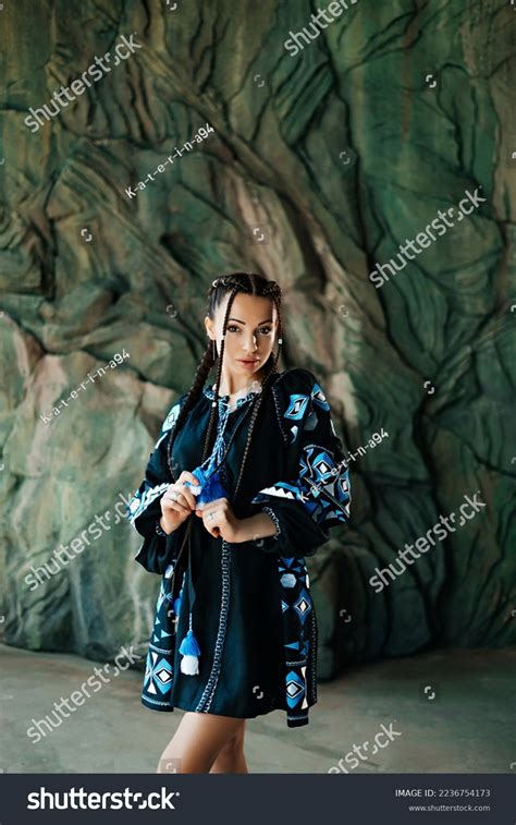 Beautiful Ukrainian Brunette Two Braids Ukrainian Stock Photo