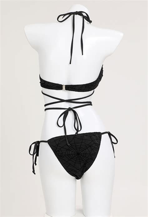 Women Gothic Black Sexy Swimsuit Spider Web Pattern Bikini Set Halter Lace Up Top And Triangle
