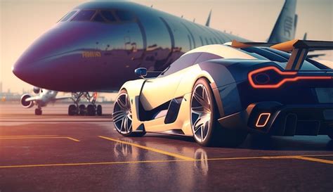 Premium AI Image | On the landing strip a supercar and a private jet ...