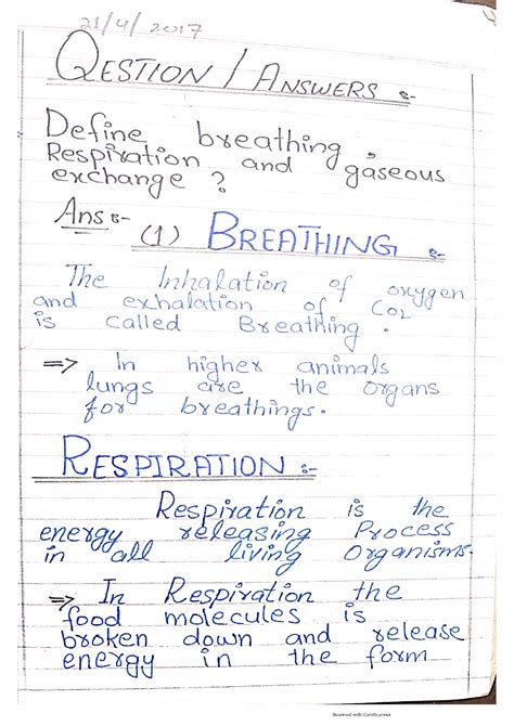 SOLUTION Class 10 Biology Notes Chapter 10 Gaseous Exchange Studypool