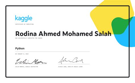 Rodina Ahmed Mohamed Salah Completed The Python Course On Kaggle