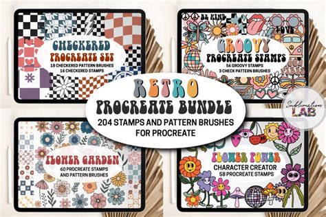 Retro Procreate Stamps And Brushes Bundle Checkered Groovy