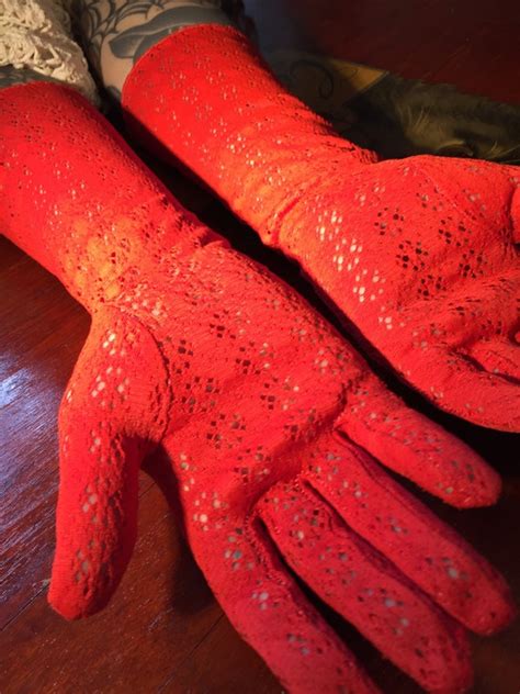 Vintage Lace Gloves Red Long Gem