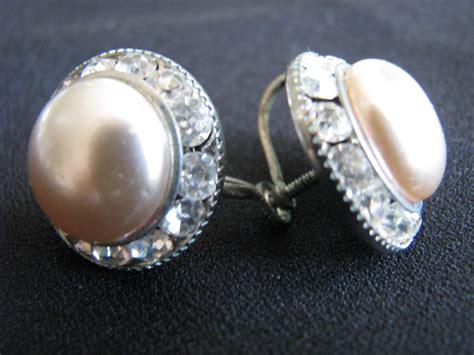 Large Coro Screw Back Earrings Pearl Centres Trimmed With Rhinestones