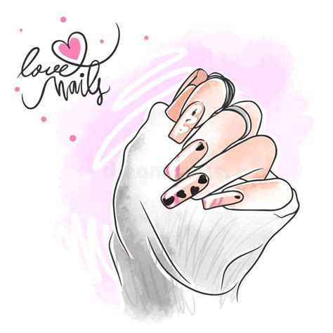 Stylish Nail Design In Nude Tones With Hearts Love Nails Handwritten Quote Stock Vector