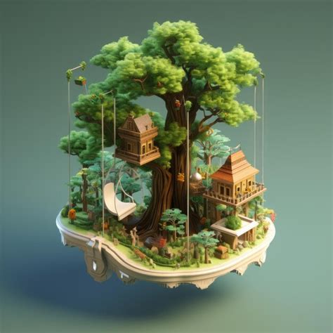 Representación 3d de la miniatur isométrica de la ciudad de tree swing