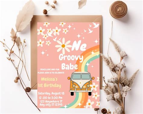 Editable ONE Groovy Babe Pink Peach Van Daisy Rainbow Groovy St Birthday Hippie Party