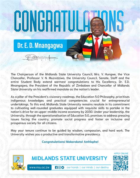 Congratulatory Message To His Excellency President E D Mnangagwa On