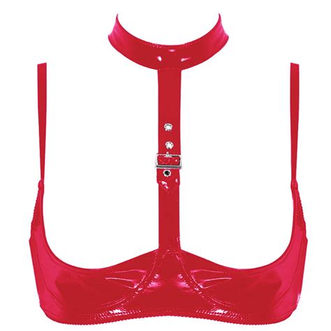 Women Shiny Leather Bra Glossy PVC Leather Hot Breast Exposed Wetlook Latex Lingerie