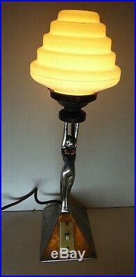Art Deco Lamp Antique Chrome Diana Naked Lady Art Deco Statue Lamp Beehive Glass Lightshade