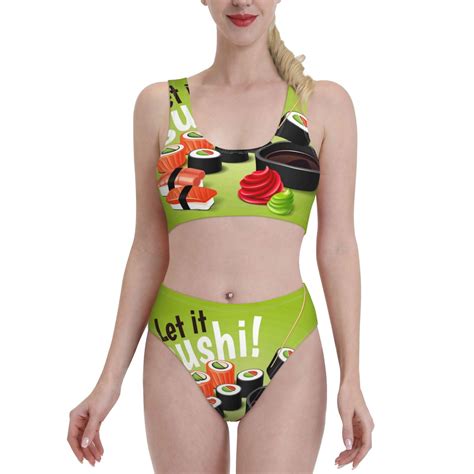 Adobk Let It Sushi Print Women High Waisted Bikini Set Sports Swimsuit