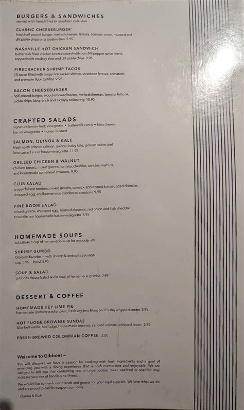 Menu At Gibbons Fine Grill Restaurant Shreveport