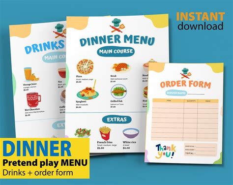 Printable Healthy Restaurant Menu Pretend Play Kit Kids Pretend Play