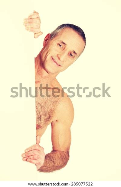 Happy Mature Shirtless Man Holding Empty Foto Stock 285077522