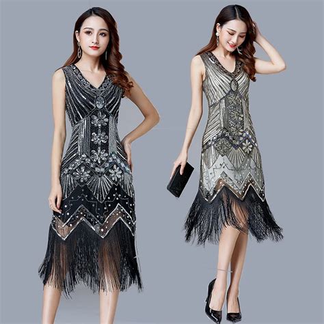 S Vintage Flapper Great Gatsby Vestido De Festa Decote Em V Sem