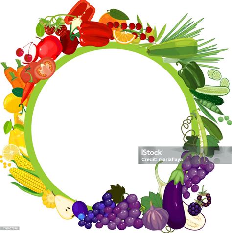 虹のすべての色で異なる熟した果物や野菜の大きなセット野菜と果物の丸いフレーム みずみずしいのベクターアート素材や画像を多数ご用意