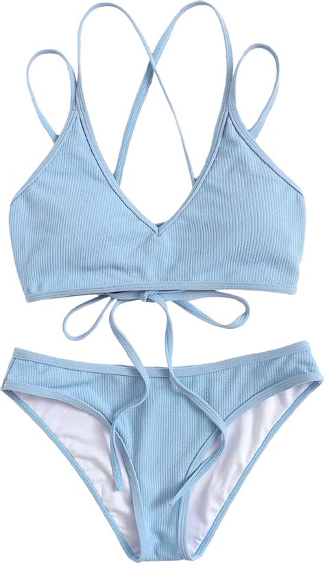 Sweatyrocks Women S Bathing Suits Spaghetti Strap Criss Cross Back Bikini Ribbed Swimsuit Own