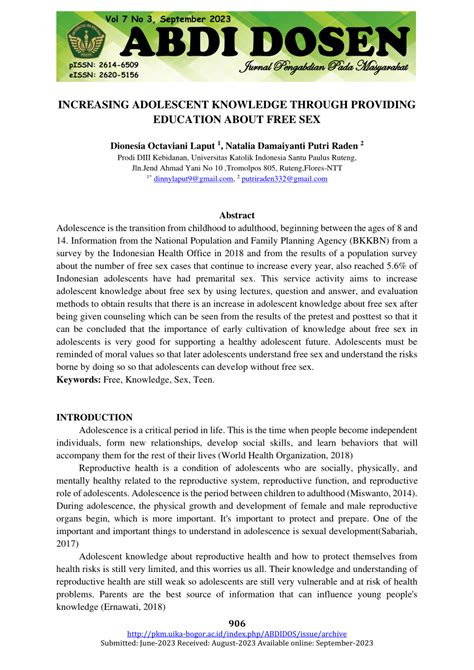 PDF INCREASING ADOLESCENT KNOWLEDGE THROUGH PROVIDING EDUCATION ABOUT FREE SEX