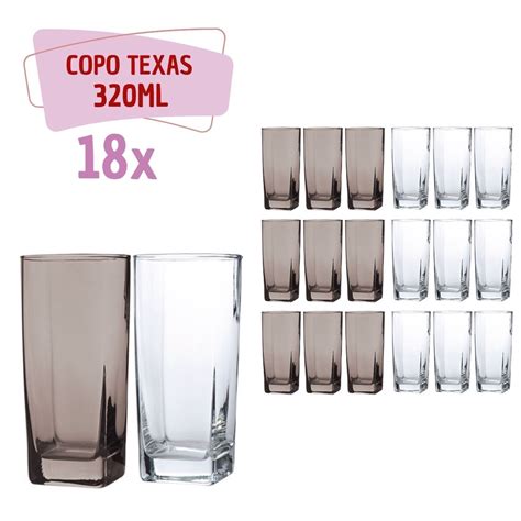 Kit Copos De Vidro 320ml 9 Transparente 9 Cinza Texas Agua Shopee