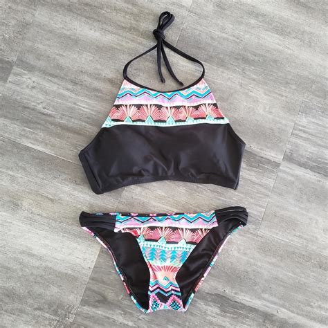 Black Multicolored Hobie High Neck Bikini Set Gem
