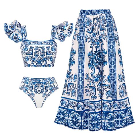 Women Bikini Set Ruffle Blue And White Porcelain Pattern Majolica Print