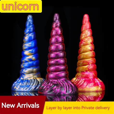 Unicorn Shaped Dildo Líquido Silicone Cores Misturadas Simulação Penis