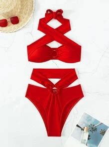 SHEIN Swim Summer Beach Mono Bikini Set O Ring Criss Cross Halter Top High Waisted Bottom