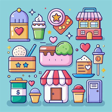 Iconos Coloridos De Dibujos Animados De Una Tienda De Helados Y Otros