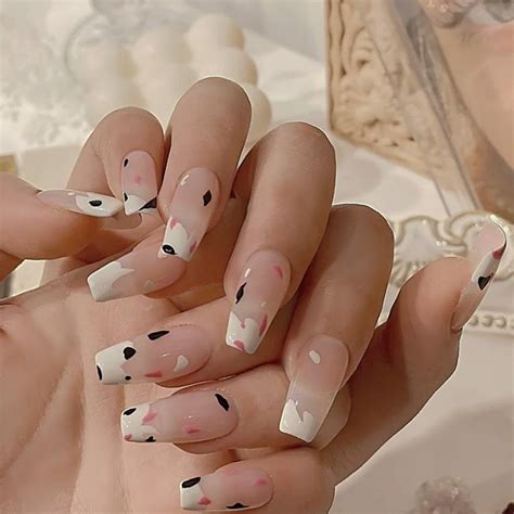 Pcs Middle Length Ballerina Nude Pink Color False Nails Design With Heart Pattern DIY