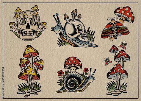 Old School Traditional Tattoo Flash Sheet Full Color Forest Theme