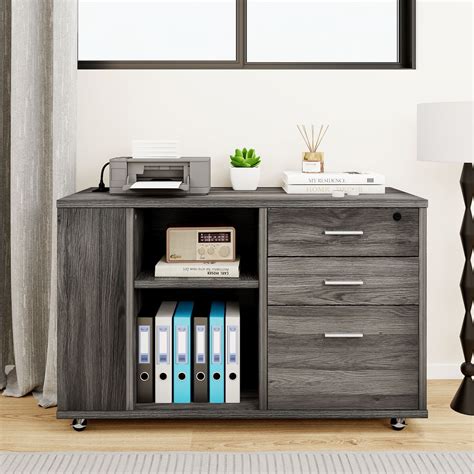 Dextrus Movable Wooden File Cabinet With Charging Station Printer