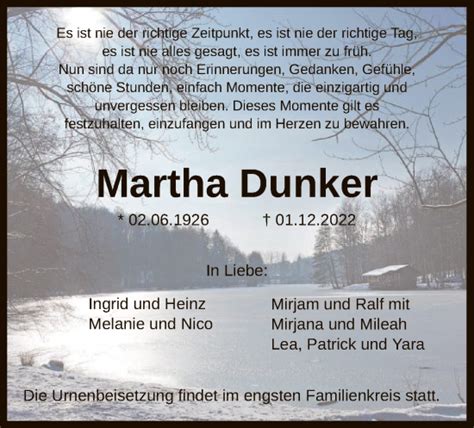 Traueranzeigen Von Martha Dunker Trauer Kreiszeitung De