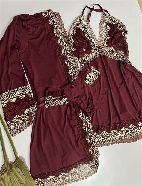 Robe Camisola Calcinha De Microfibra Marsala Nude Imp Rio Lingerie