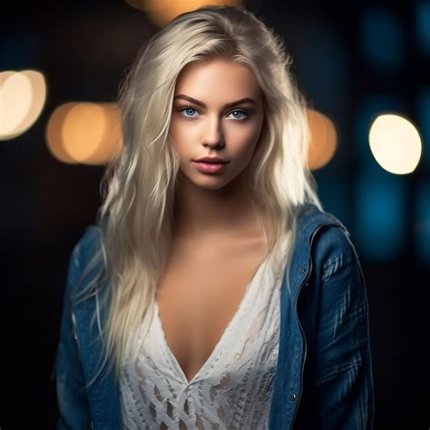 Premium AI Image A Blonde Woman Wearing A Blue Jacket With A White Lace Top