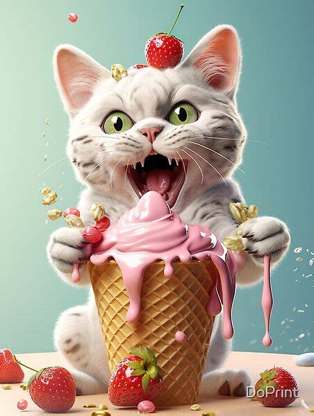 Sweet Whiskers Adorable Cartoon Cat Eating Ice Cream Illustration By