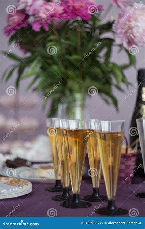 Glasses Of Champagne Festive Table Decoration Concept New Year Or Christmas Concept Stock