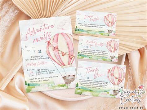 Adventure Awaits Baby Shower Invitation Pink Hot Air Balloon Baby Shower Invitation Girl