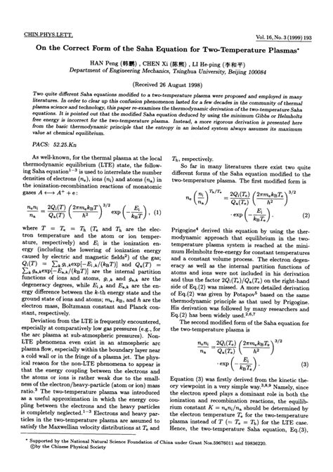 (PDF) On the Correct Form of the Saha Equation for Two-Temperature Plasmas