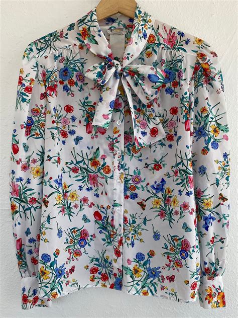 Plus Size Volup 1970s 1980s Pussy Bow Floral Multicolor Long Sleeve Button Up Down Secretary