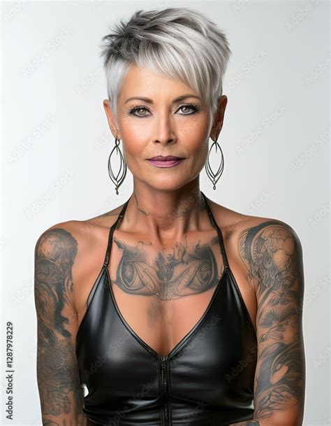Studio Portrait Of A Forty Years Old Short Haired Tattoed Model With Nude Shoulders Wearing A