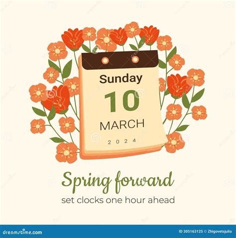 Spring Forward 2024 10 March Card with Calendar. Daylight Saving Time