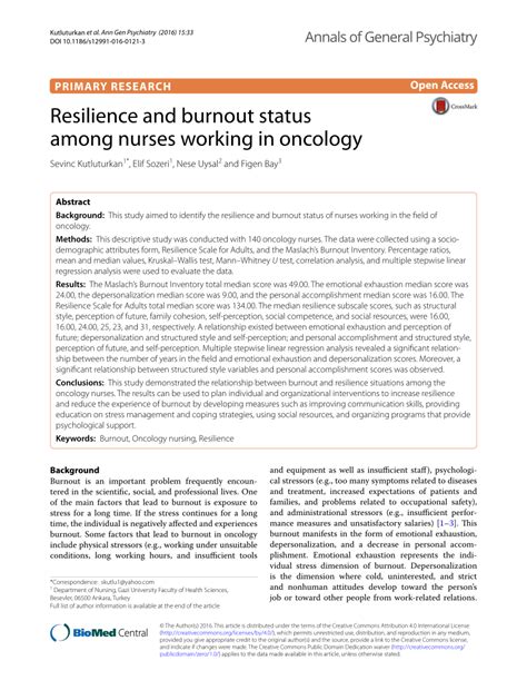 Pdf Resilience And Burnout Status Among Nurses Working In Oncology